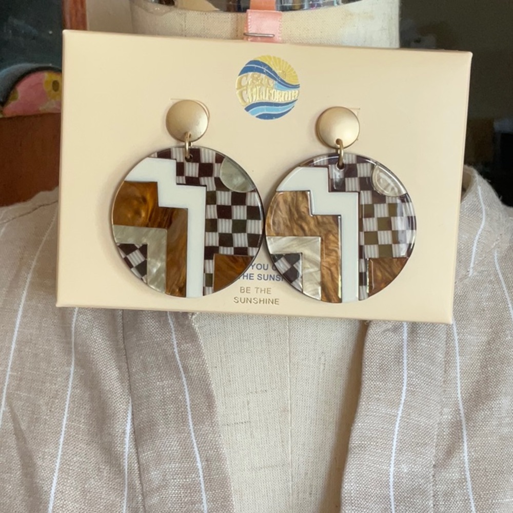 C&C CALIFORNIA Brown & Gold Geometric pattern Earrings, NIB